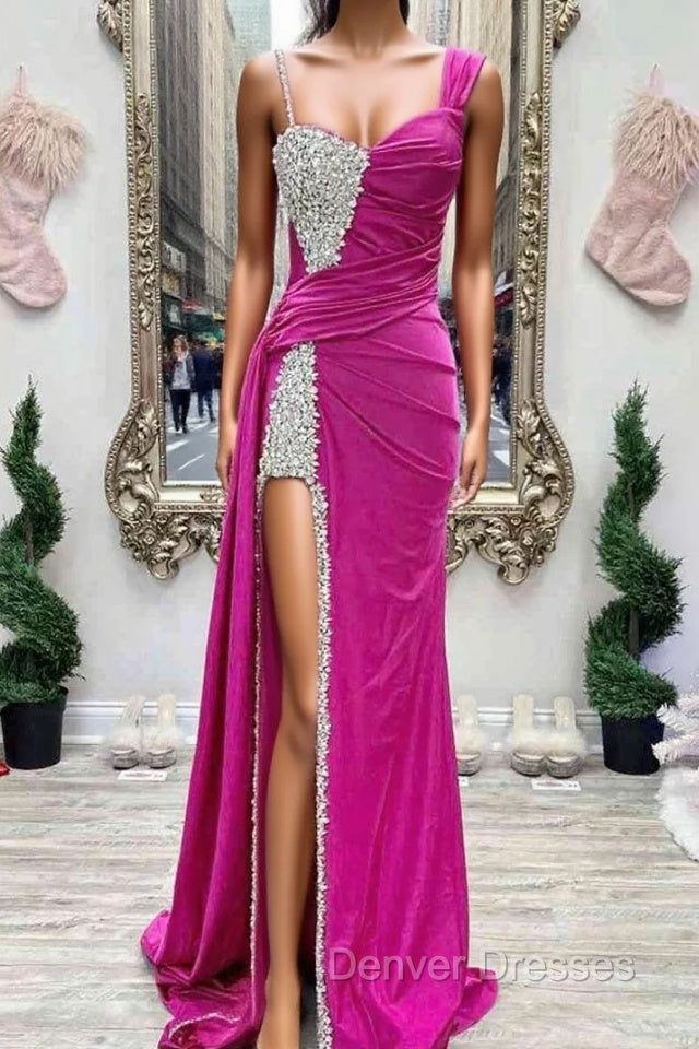 Fuchsia Asymmertrical Beaded Crystal Prom Dress Main image