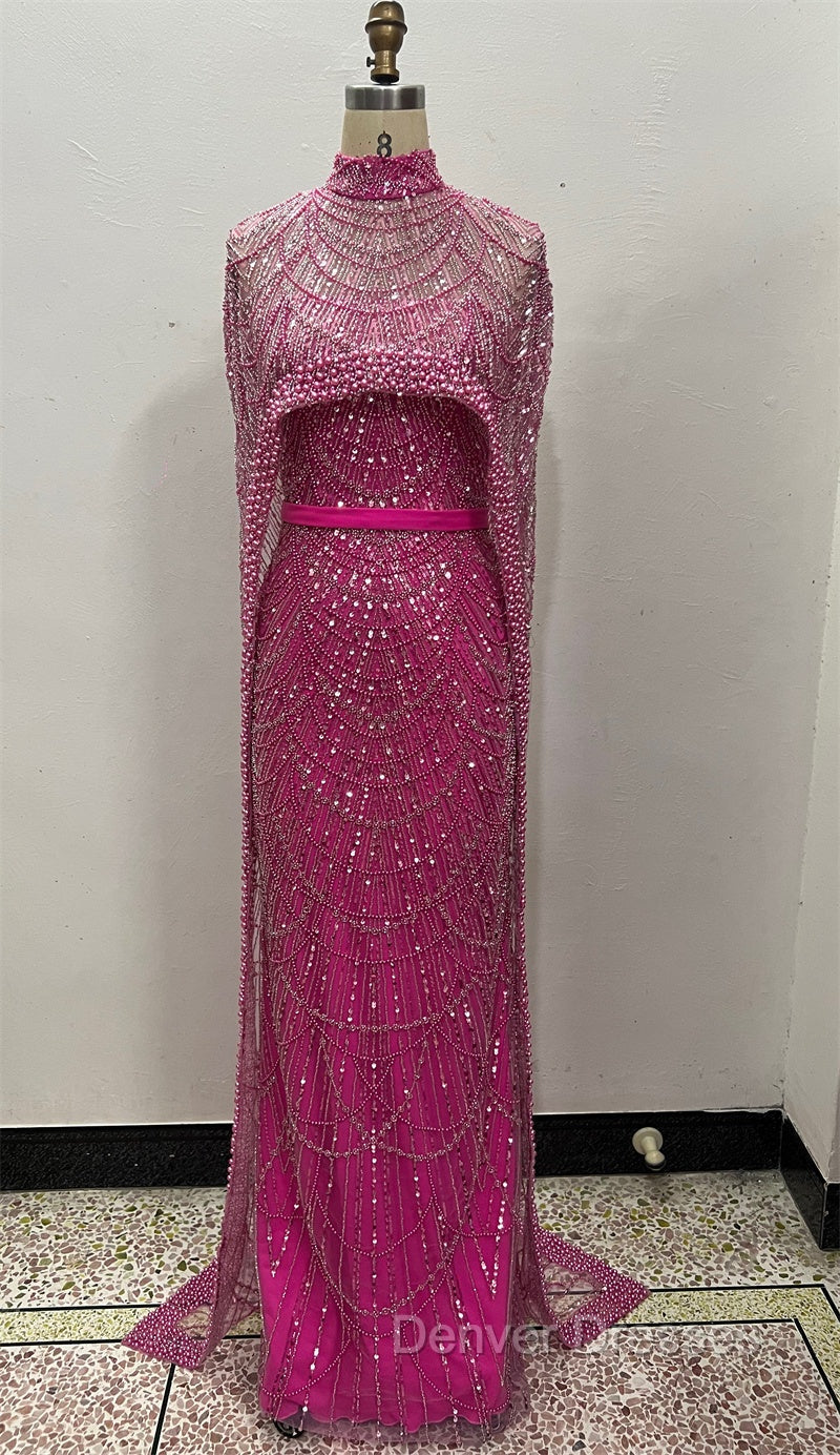 Fuchsia Beading Prom Dress Sweep Train High Neck Zipper Sleeveless Evening Dress Secondary image