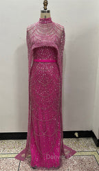 Fuchsia Beading Prom Dress Sweep Train High Neck Zipper Sleeveless Evening Dress