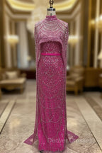Fuchsia Beading Prom Dress Sweep Train High Neck Zipper Sleeveless Evening Dress