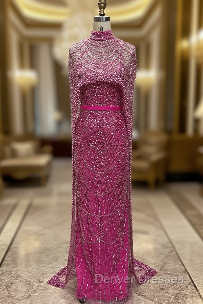 Fuchsia Beading Prom Dress Sweep Train High Neck Zipper Sleeveless Evening Dress Main image