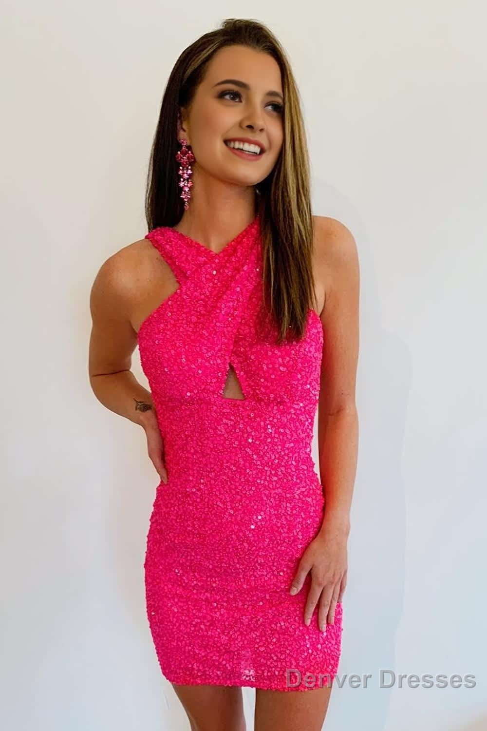 Fuchsia Halter Sleeveless Sequined Homecoming Dress Main image