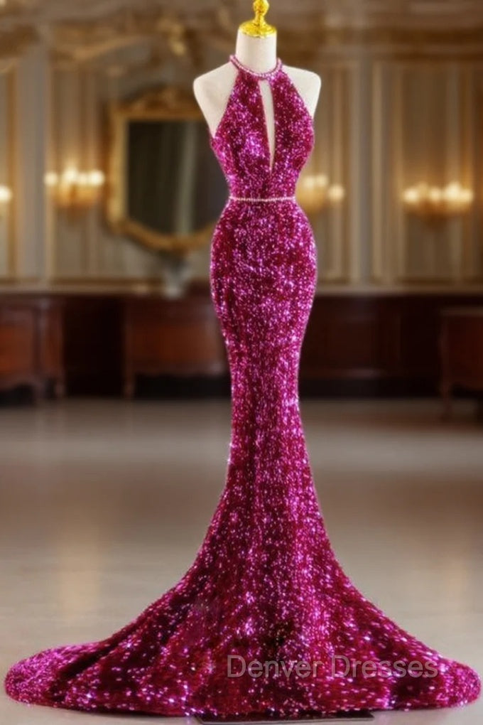 Fuchsia Mermaid Sequins Halter Prom Dress Main image