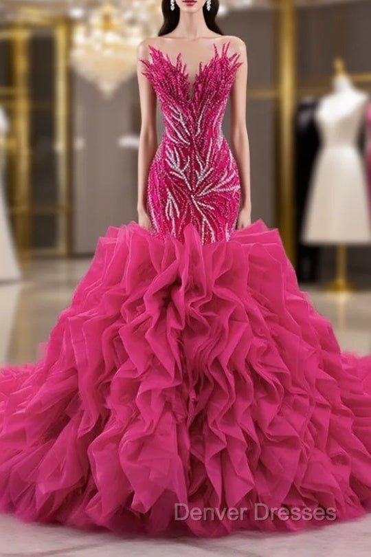 Fuchsia Mermaid Strapless Beading Prom Dress Main image