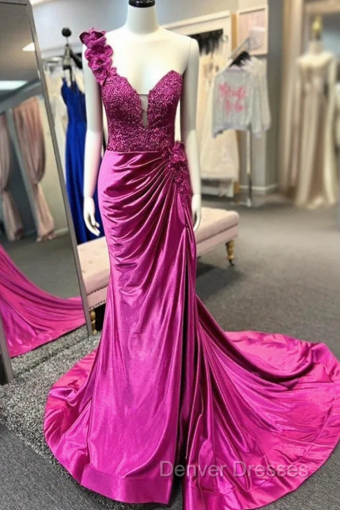 Fuchsia One Shoulder Satin Flower Prom Dress Main image