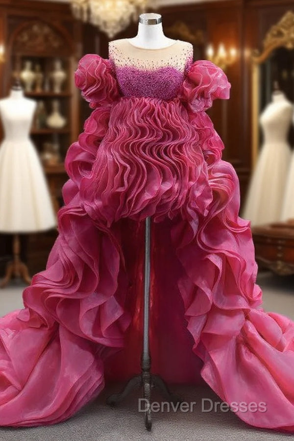 Fuchsia Organza Pearls  Prom Dress