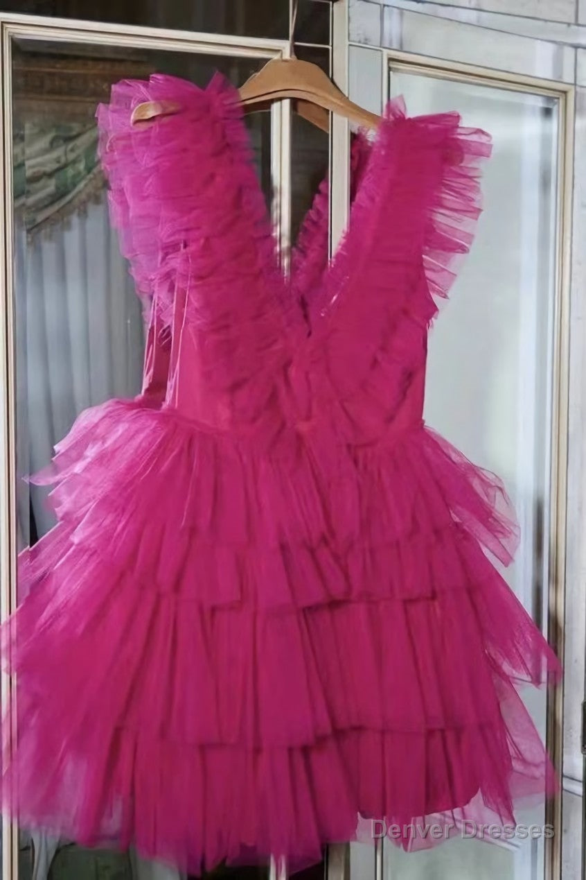 Fuchsia Ruffled Layers Plunging V Neck Homecoming Dress Short Grad Dresses Main image