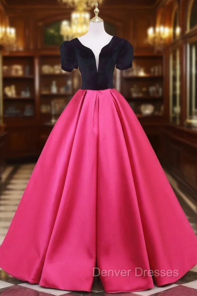 Fuchsia Satin Black Velvet Short Sleeve Prom Dress