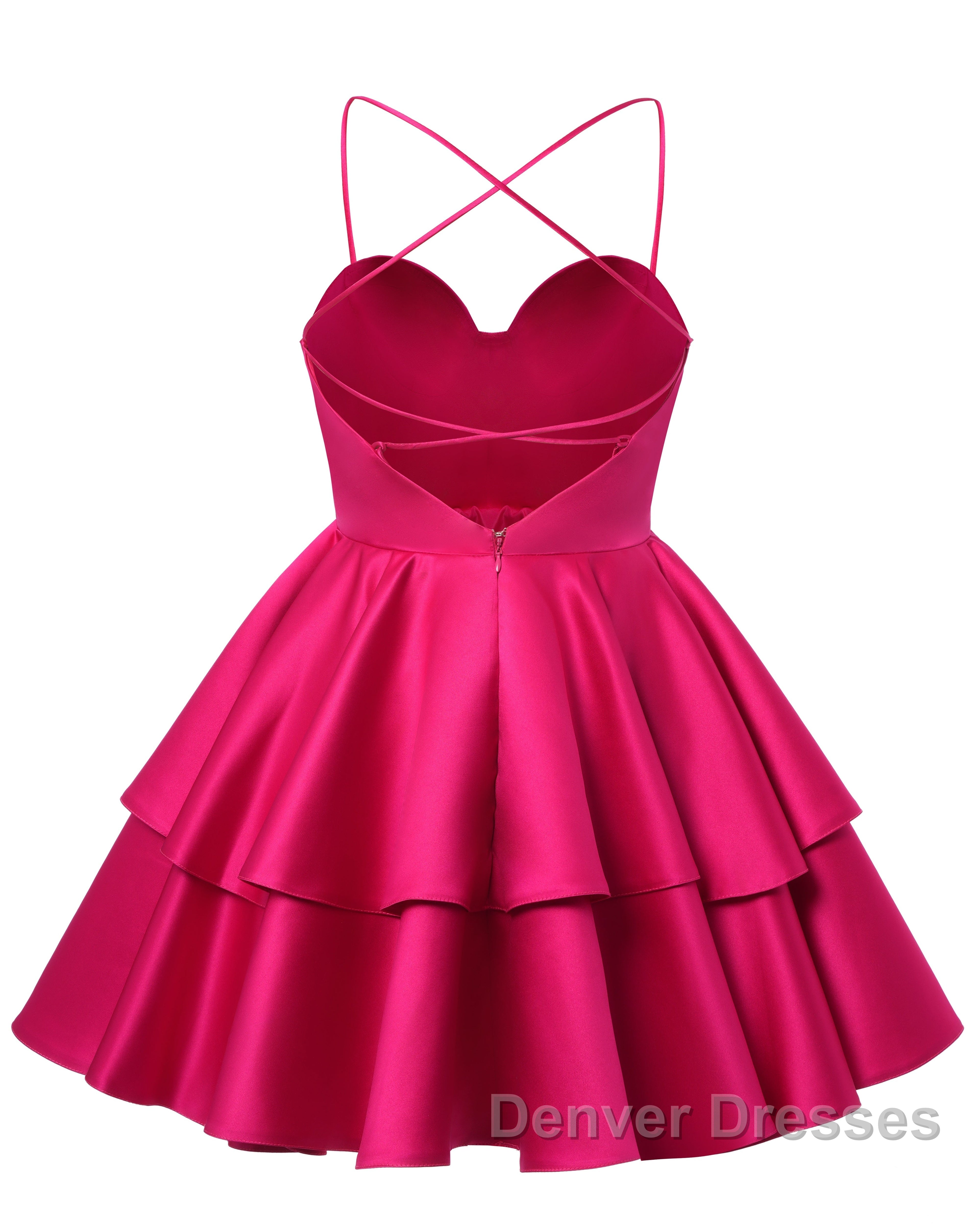 Fuchsia Satin Homecoming Dress Sweetheart Neck Tiered Short Graduation Dress