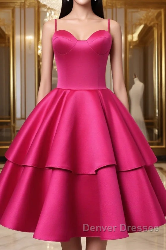Fuchsia Satin Homecoming Dress Sweetheart Neck Tiered Short Graduation Dress Main image