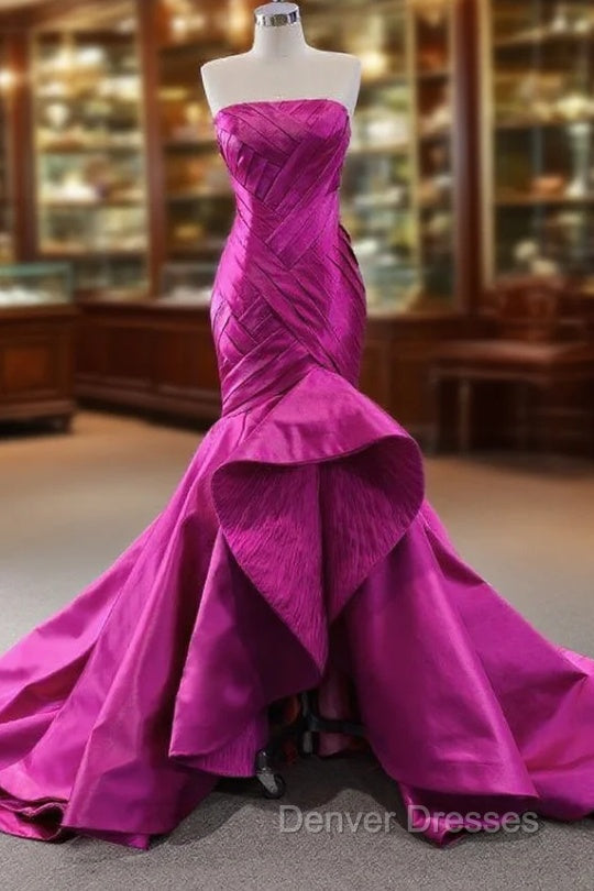 Fuchsia Satin Mermaid  Pleats Prom Dress