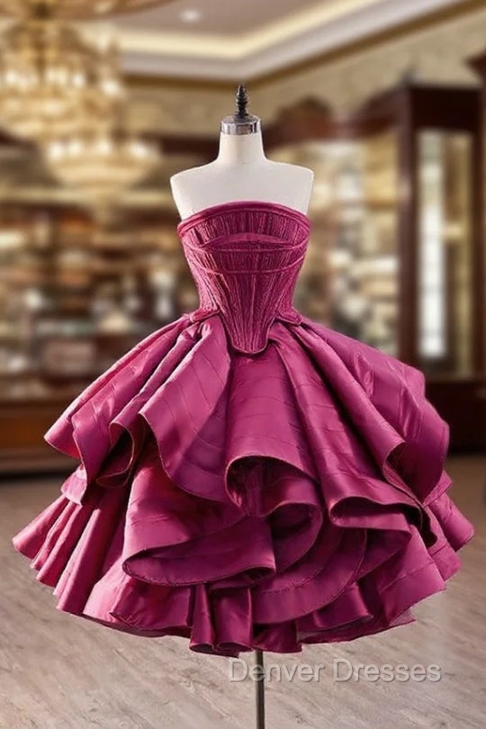 Fuchsia Satin Strapless Pleats Homecoming Dress Main image