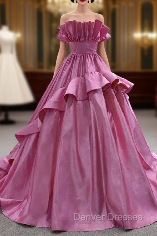 Fuchsia Satin Strapless Pleats Prom Dress Main image