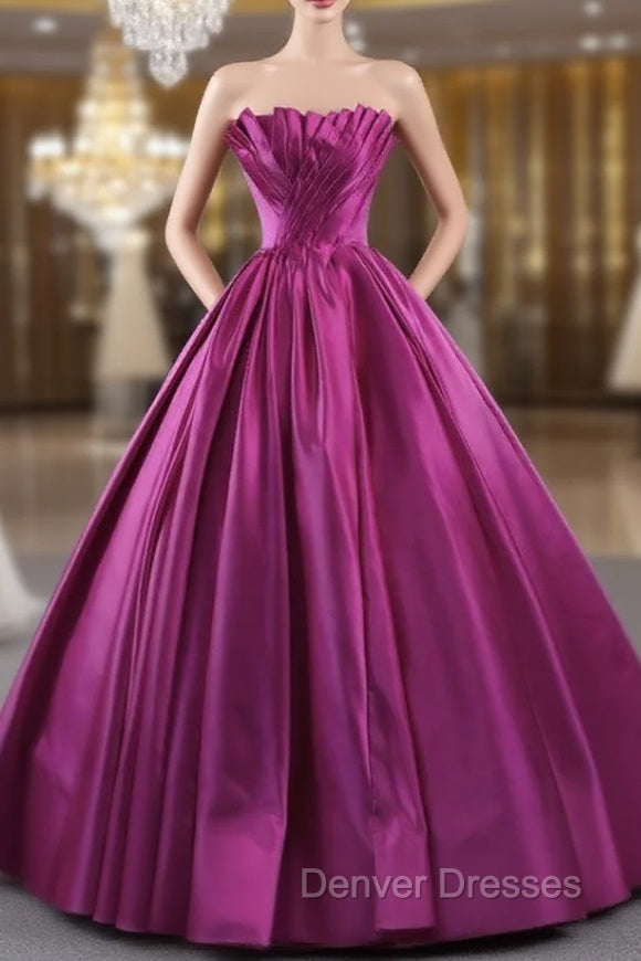 Fuchsia Satin Strapless Pleats Prom Dress