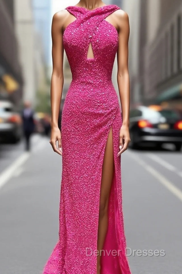 Fuchsia Sequins Backless Prom Dress Main image