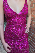 Fuchsia Sequins Backless Sheath Prom Dress