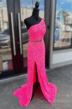 Fuchsia Sequins One Shoulder Cut-Out Tassels Long Prom Dress With Slit