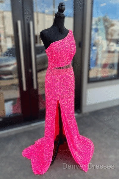 Fuchsia Sequins One Shoulder Cut-Out Tassels Long Prom Dress With Slit