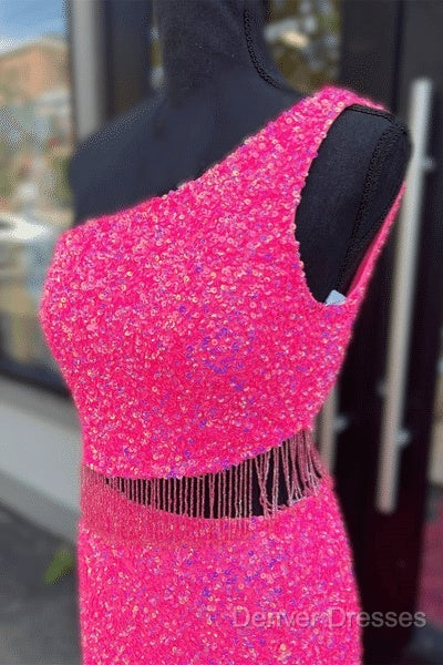 Fuchsia Sequins One Shoulder Cut-Out Tassels Long Prom Dress With Slit
