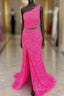 Fuchsia Sequins One Shoulder Cut-Out Tassels Long Prom Dress With Slit