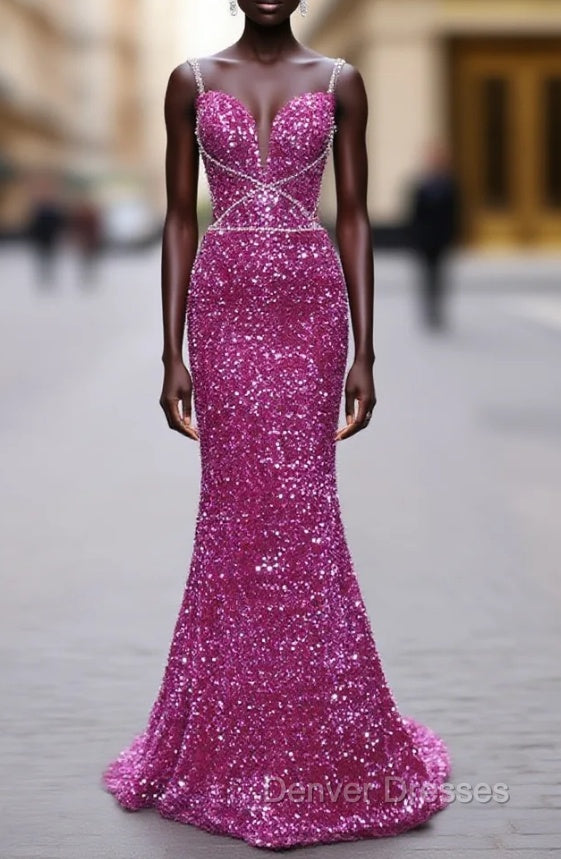 Fuchsia Sequins Spaghetti Straps Prom Dress Main image