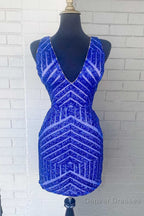 Fuchsia Sequins V-Neck Tight Homecoming Dress