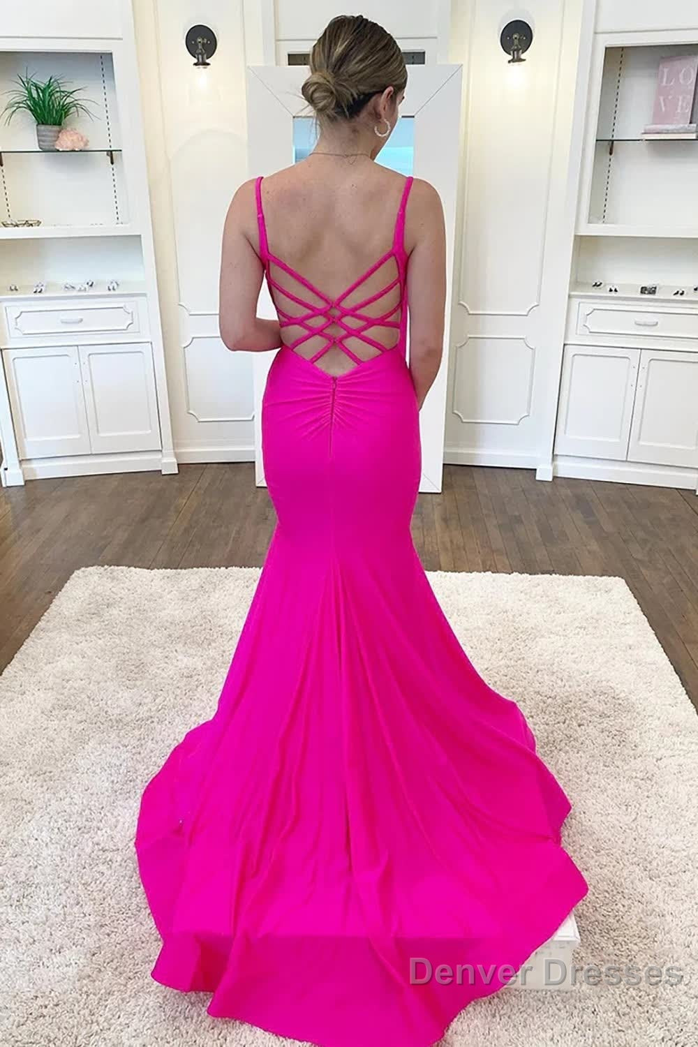 Fuchsia Spaghetti Straps Mermaid Long Prom Dress With Criss Cross Back Secondary image