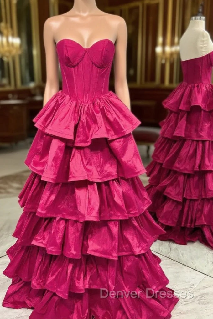 Fuchsia Strapless Tiers Prom Dress