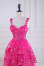 Fuchsia Sweetheart Corset Sequin Layered Ball Gown