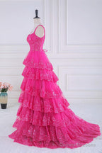 Fuchsia Sweetheart Corset Sequin Layered Ball Gown