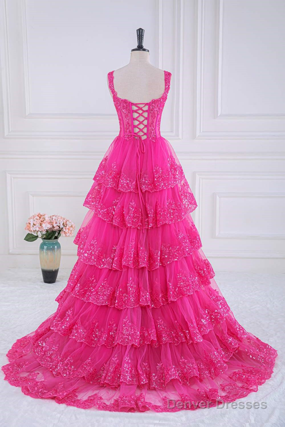 Fuchsia Sweetheart Corset Sequin Layered Ball Gown