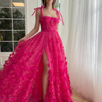Fuchsia Tie Up Straps Lace Prom Dress