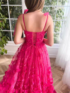 Fuchsia Tie Up Straps Lace Prom Dress