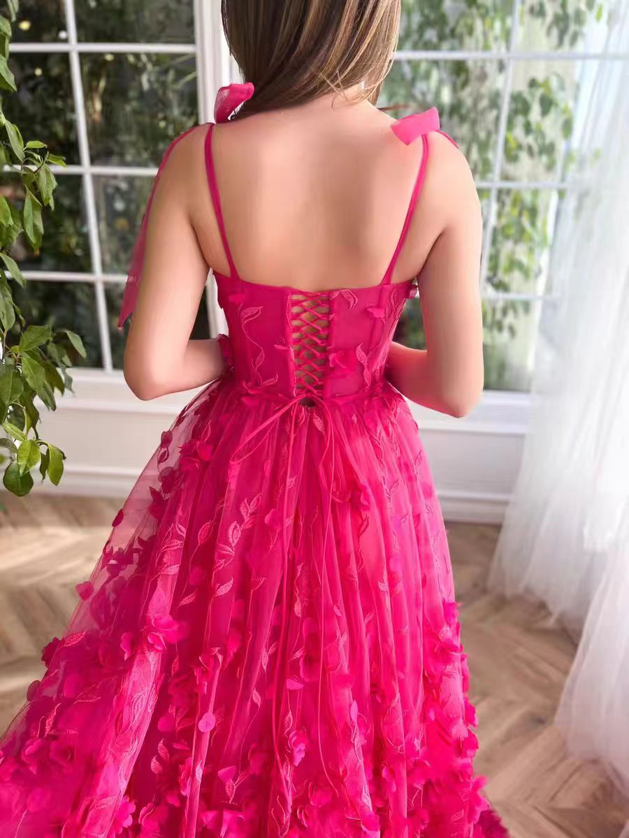Fuchsia Tie Up Straps Lace Prom Dress