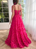 Fuchsia Tie Up Straps Lace Prom Dress