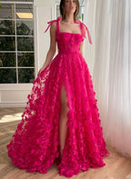 Fuchsia Tie Up Straps Lace Prom Dress