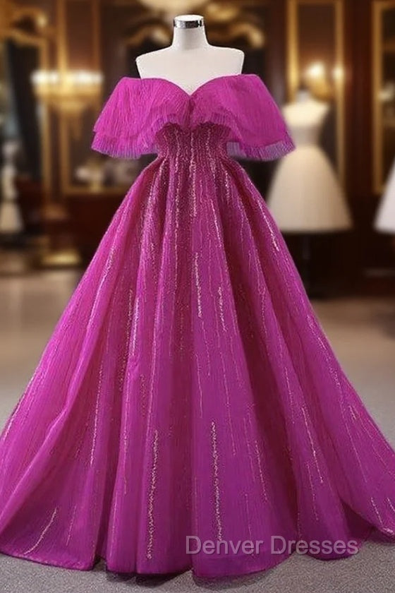 Fuchsia Tulle Beading Off the Shoulder Prom Dress
