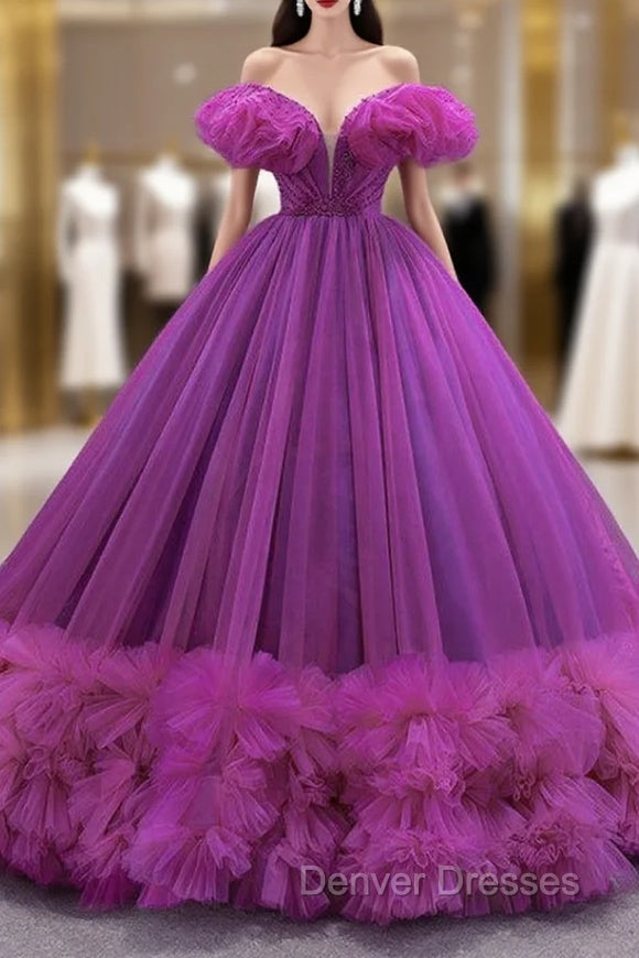 Fuchsia Tulle Off the Shoulder Pearls Prom Dress Main image