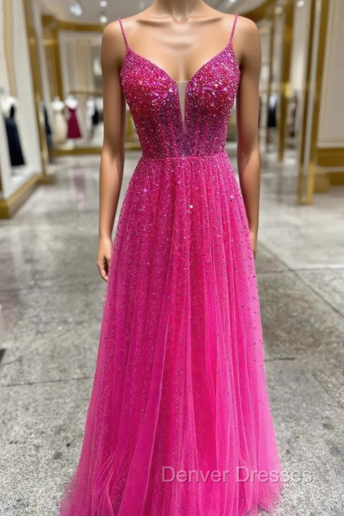 Fuchsia Tulle Spaghetti Straps Prom Dress Main image