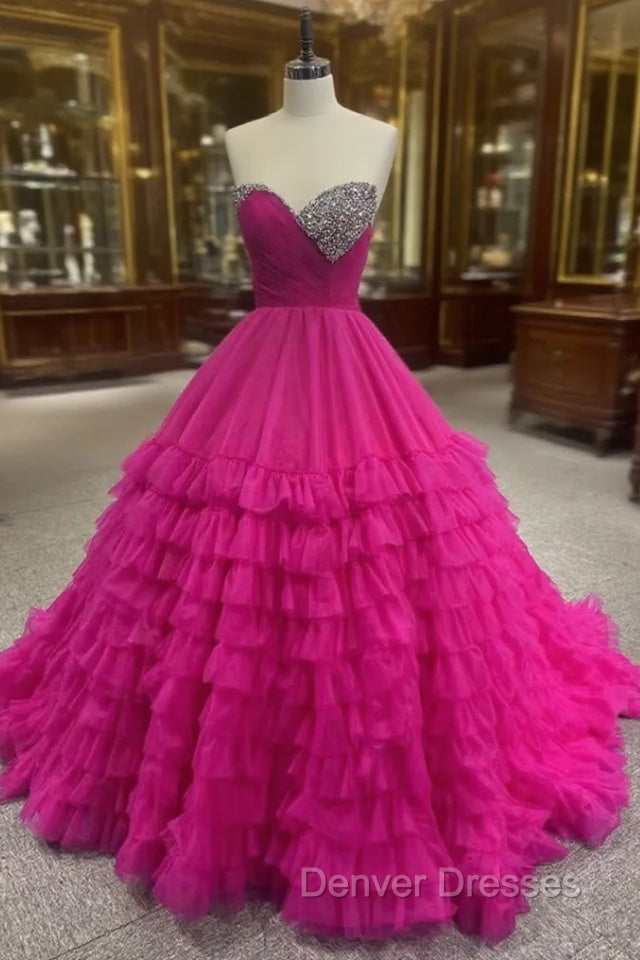 Fuchsia Tulle Sweetheart Beading Prom Dress