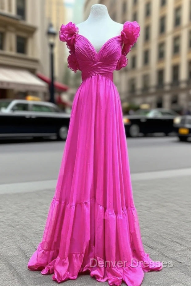 Fuchsia V-neck Pleats Backless Prom Dress