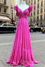 Fuchsia V-neck Pleats Backless Prom Dress
