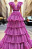 Fuchsia V-neck Pleats Tiers Prom Dress