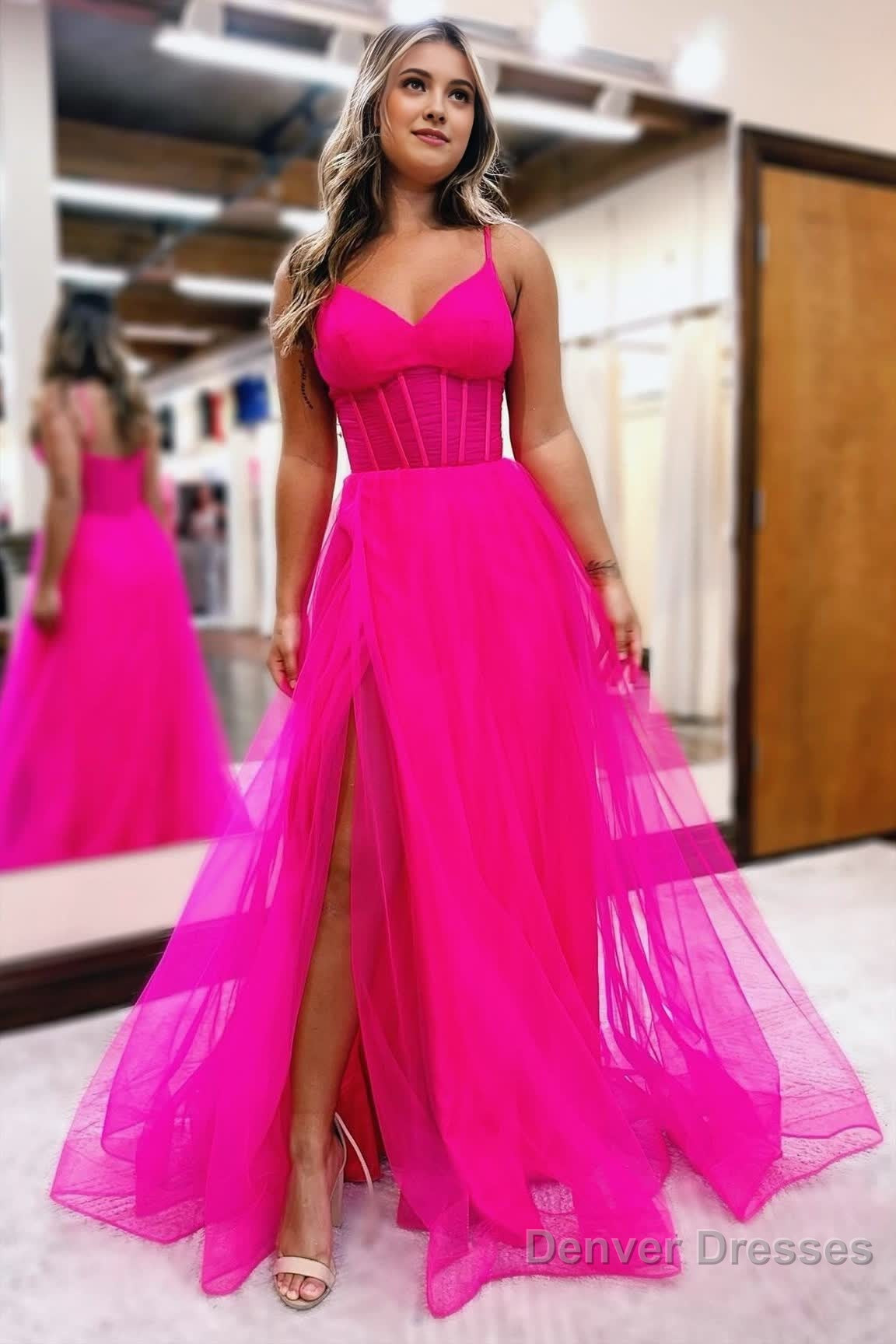 Fuchsia V-Neck Sheer Bodice A-Line Long Prom Dress with Slit Main image