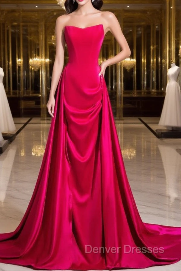 Fuchsia Velvet Satin Strapless Pleats Prom Dress Main image