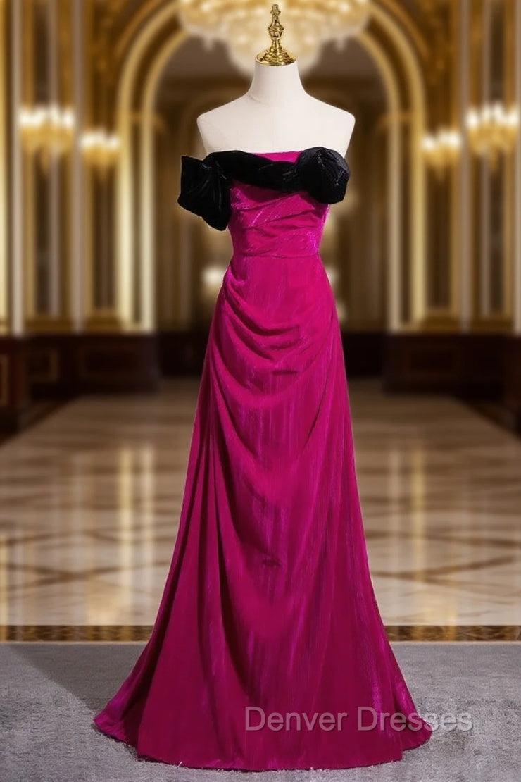 Fuchsia Velvet Strapless Pleats Prom Dress
