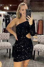 Fuchsia Waist Cut Out One Shoulder Tight Sequins Homecoming Dress with Sleeves