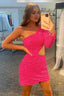 Fuchsia Waist Cut Out One Shoulder Tight Sequins Homecoming Dress with Sleeves