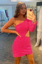 Fuchsia Waist Cut Out One Shoulder Tight Sequins Homecoming Dress with Sleeves