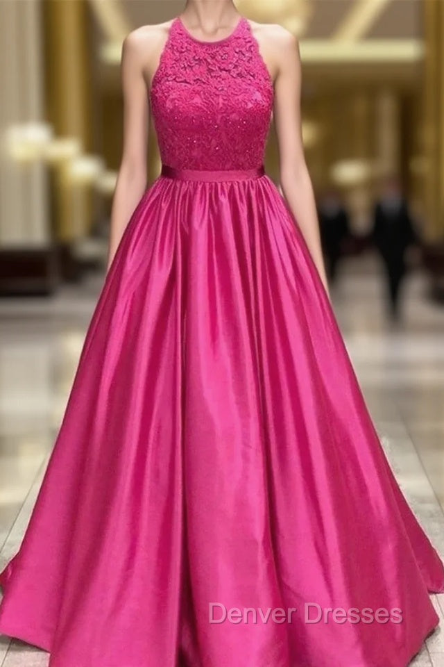 Fuscia Lace Appliques Satin Halter Prom Dress